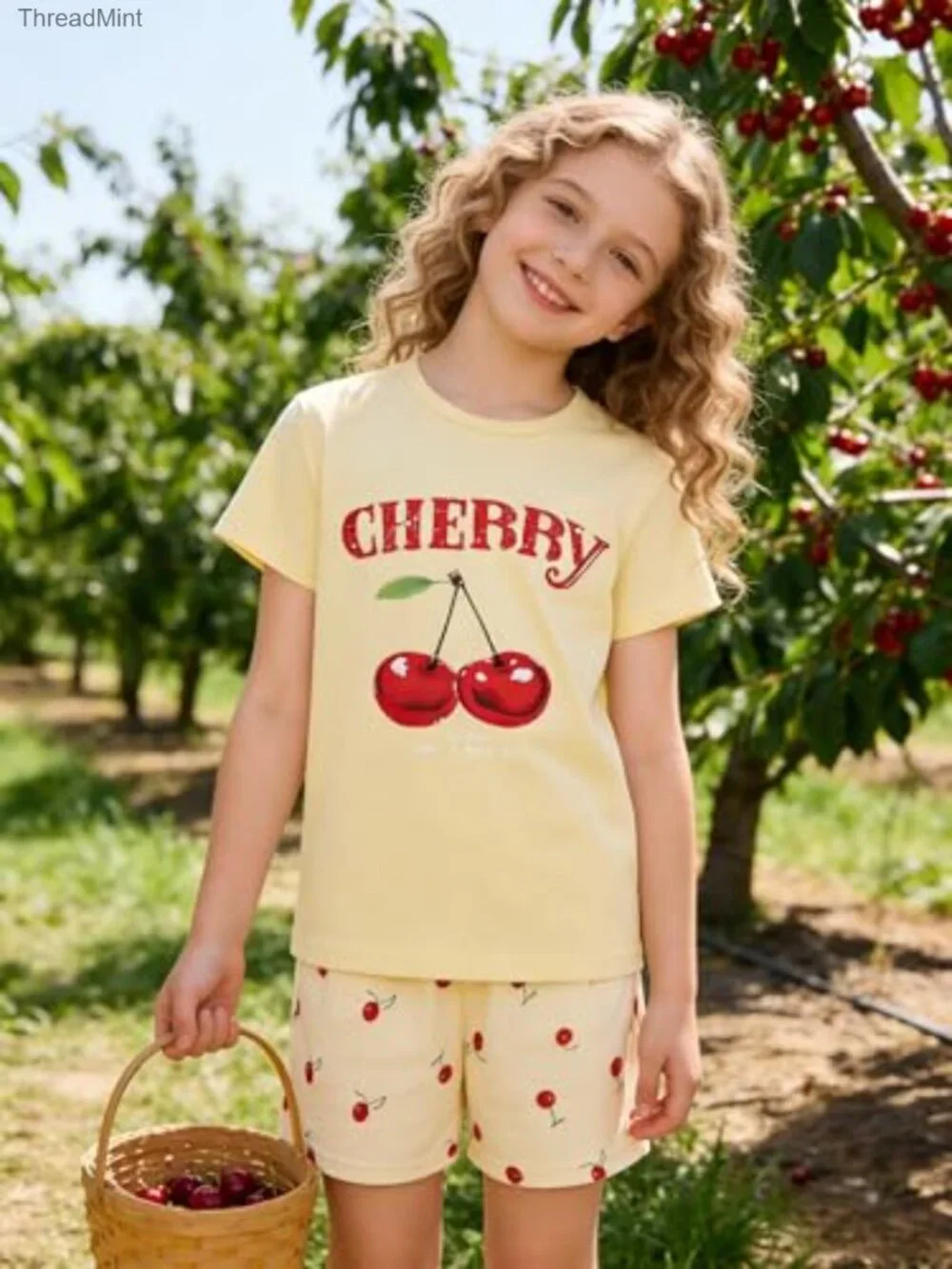 Girls Two Piece Cherry Short Set with Pockets M/L 7-14
